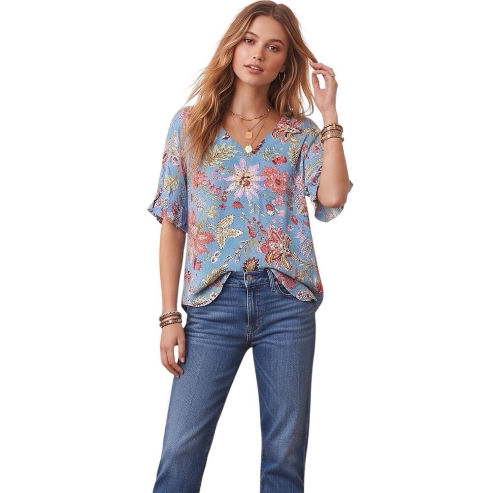 Loft Floral Ruffle Sleeve Blouse Top XS Blue Short Sleeve V Neck Cottagecore